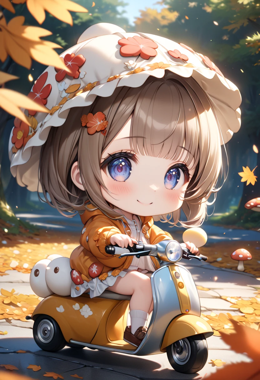 (masterpiece, ultra-detailed, best quality, clear focus, dramatic scene, cinematic), shadow, (ultra-high resolution, 8k), perfect anatomy, perfect face, (detailed face, detailed eye), cute Japanese chibi girl, (chibi:1.2), famous Japanese idol, very beautiful and cute and cool face, (wearing a cute outdoor wear:1.3), (large breasts), slim waist, happy smile, she looks so fun, (She is riding a cute scooter that made from mushrooms in the autumn leaves:1.3), some large mushrooms are on the ground, detailed cute cat is also on the motorcycle with her