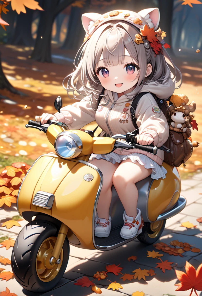 (masterpiece, ultra-detailed, best quality, clear focus, dramatic scene, cinematic), shadow, (ultra-high resolution, 8k), perfect anatomy, perfect face, (detailed face, detailed eye), cute Japanese chibi girl, (chibi:1.2), famous Japanese idol, very beautiful and cute and cool face, (wearing a cute outdoor wear:1.3), (large breasts), slim waist, happy smile, she looks so fun, (She is riding a cute scooter that made from mushrooms in the autumn leaves:1.3), some large mushrooms are on the ground, detailed cute cat is also on the motorcycle with her