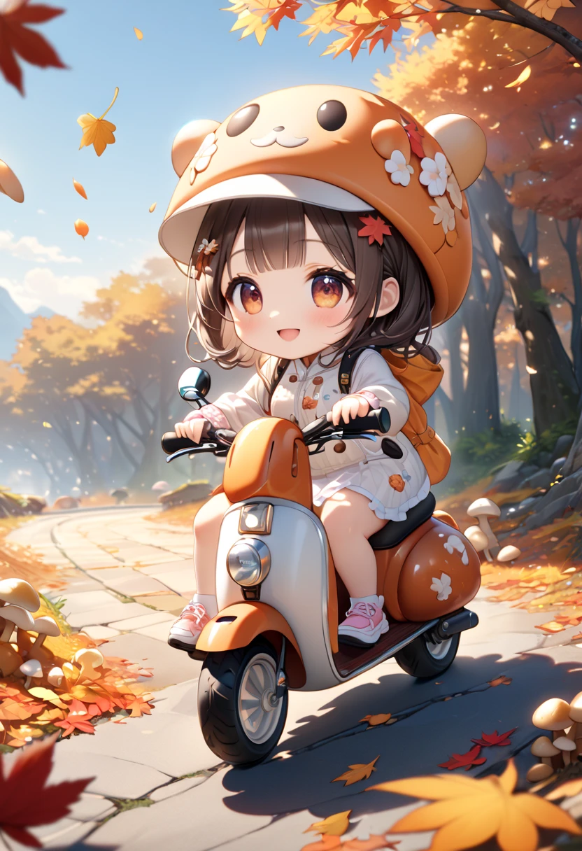 (masterpiece, ultra-detailed, best quality, clear focus, dramatic scene, cinematic), shadow, (ultra-high resolution, 8k), perfect anatomy, perfect face, (detailed face, detailed eye), cute Japanese chibi girl, (chibi:1.2), famous Japanese idol, very beautiful and cute and cool face, (wearing a cute outdoor wear:1.3), (large breasts), slim waist, happy smile, she looks so fun, (She is riding a cute scooter that made from mushrooms in the autumn leaves:1.3), some large mushrooms are on the ground, detailed cute cat is also on the motorcycle with her