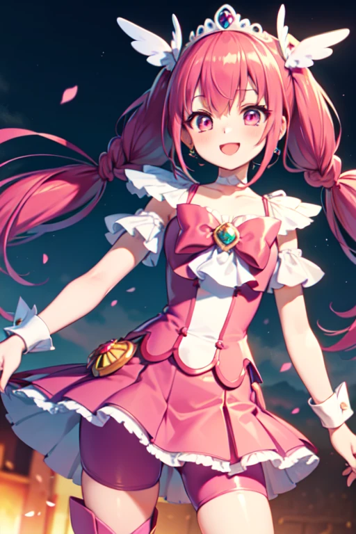 (masterpiece), highest quality, High resolution, Very detailed, Detailed Background, Cinema Lighting, Super detailed, anime, One Girl, alone, Cure happiness, Pink Hair, (Large curls and low twin tails), Feather hair ornament, skirt. tiara, Wrist cuff, (Pink shorts), Pink shorts under skirt, boots, Smile, (Shiny fabric), Cowboy Shot, Pink Gemstones, Are standing, blush, (Beautiful fine details), Very detailedな顔, Perfect lighting, Very detailedなCG, (Perfect hands, Perfect Anatomy), Shiny material, Pink ribbon, jewelry, Latex gloss, Dynamic pose.
