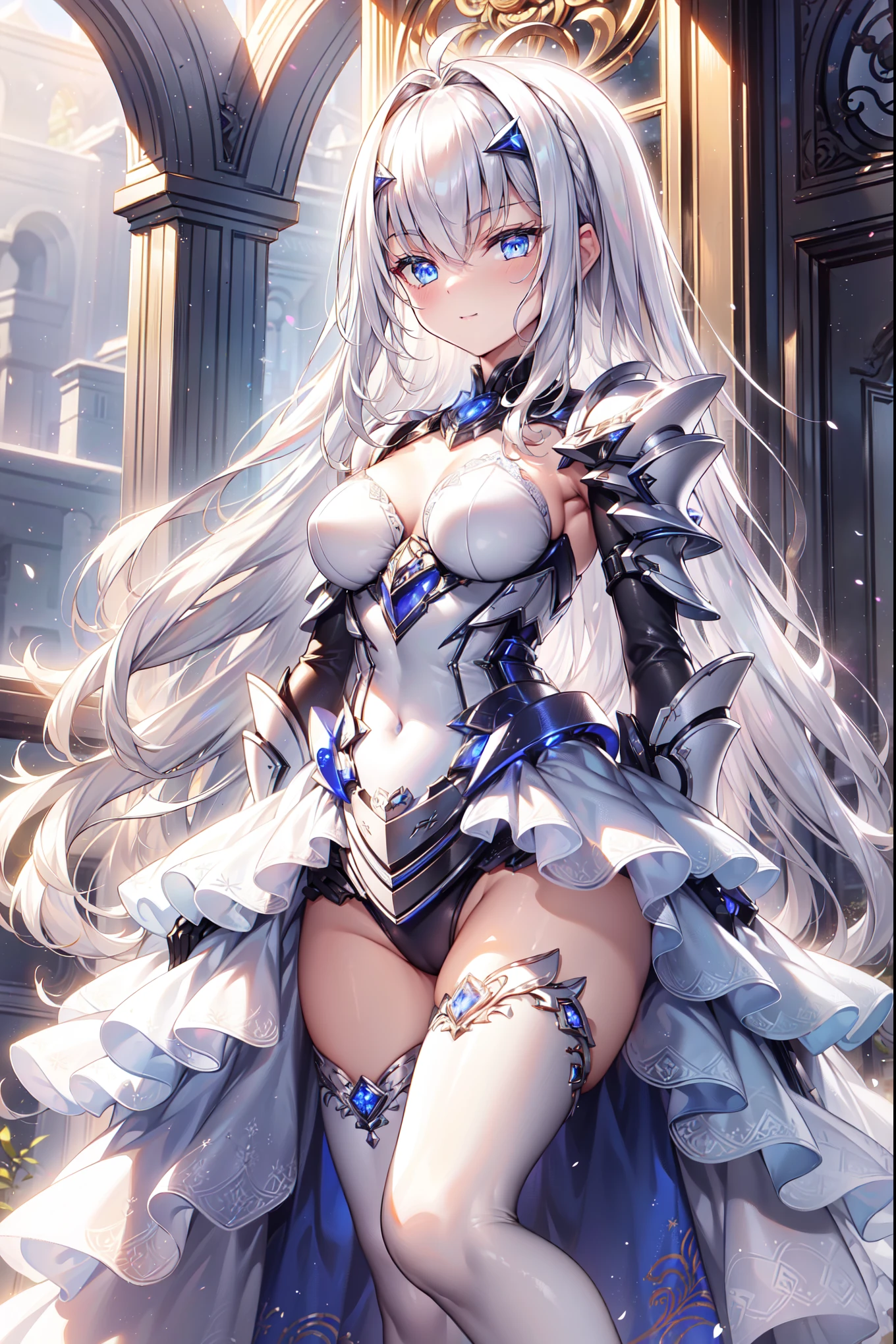 ( It's the best quality ,4K,8K,  high resolution , masterpiece :1.2),   super detailed ,  girl ，Holy，(  Silver white hair )，  blue eyes ，obsessed， Elegant standing posture，玩得 happy ，in love，   Lightweight princess dress  ，  Detailed clothes ，pattern，Swimsuit， happy ，  From the room ，  alone ，Small amount of armor