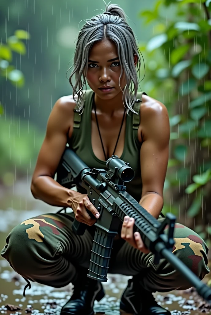 A beautiful 50 years old gray haired indonesian women, huge breasted, wet tied bobcut hair, wear wet tanktop, wear tactical camouflage pant, tactical boots, holding a m16 gun, serious face expression, kneel on dirty land andn aim the target in the jungle under the rain, realistic photography, natural light,