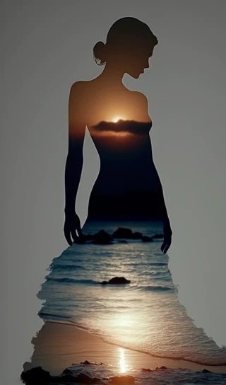 (vktr:1.4), woman with angel wings waiting on seashore looking at the distant, agitated sea, blurry elements in foreground, rule of thirds