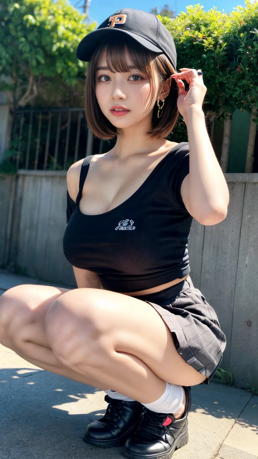 (Masterpiece, Best quality, RAW photo, Surrealism, 8k, Super detailed, Super beautiful),
(Anatomically correct, Perfect human body, slim waist and large breast style, Slim waist, Slender legs, Large breast, Realistic skin),
((Oversized striped sweatshirt, black shorts, black bootaiko, Round face, Black hair, Moist eyes, Shining eyes, Short bob cut, Bangs, Down-slating eyebrows, one little earring, Light blush, , Japanese girl, baby face, beautiful and cute face),
(Look at the viewer, turn the body forward, lean against the wall),
(goddess smile),
(Tokyo, A casual street where many teenagers wamany young people walking),
Natural lighting, full length, whole body, angle from below
