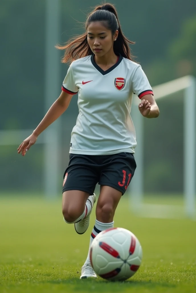 Gorgeous woman, twenty five years old, Indonesian, she is an athlete, wearing red soccer jersey/outfit, updo, outdoor soccer field