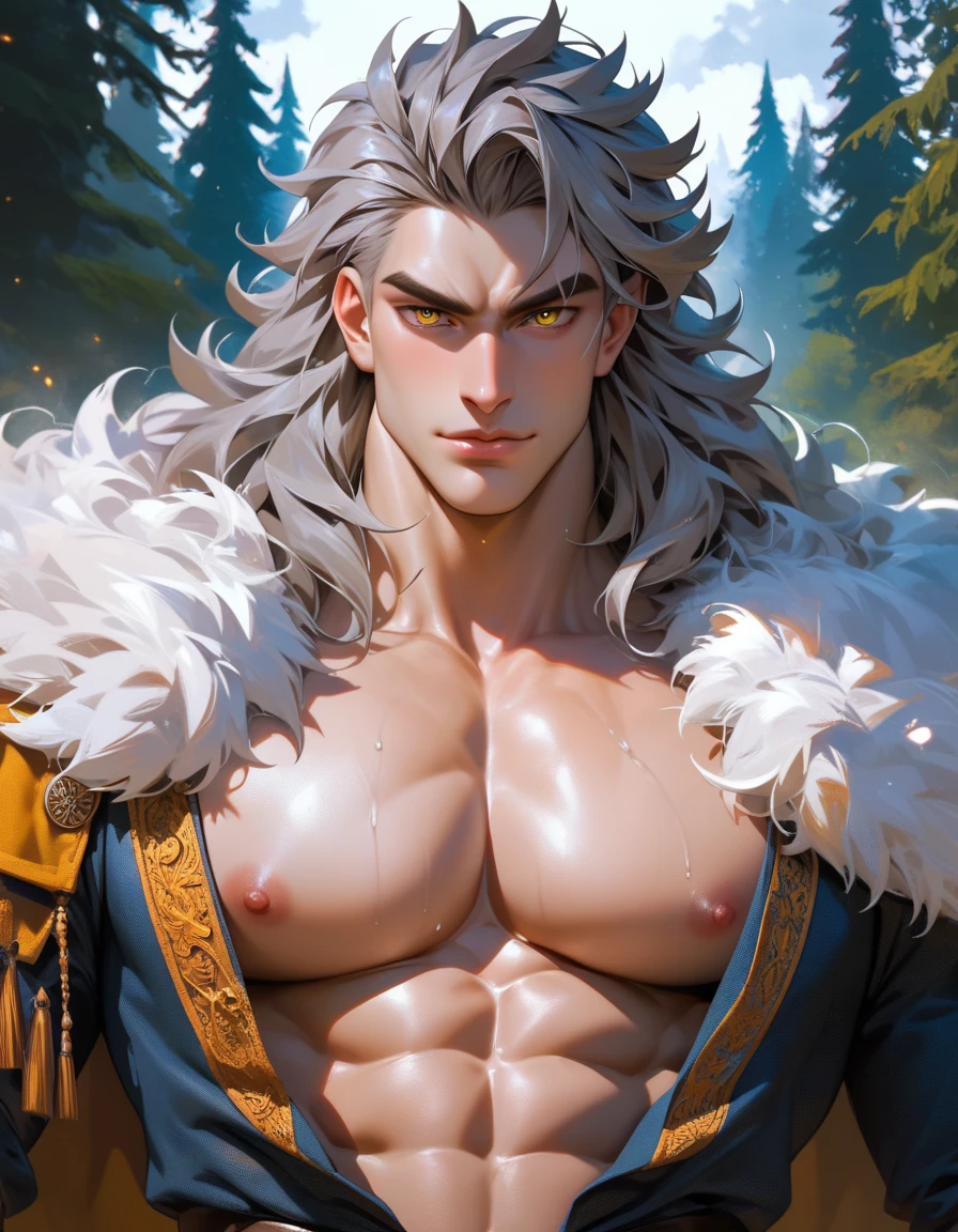 (((absurdres))) perfect whole body, MXAO, SMAA, ultra photorealistic, Top quality, Photorealistic, ((16k UHD)), High Definition, high res, ultra sharp, masterpiece, best quality, intricate details, detailed eyes, perfect face detailed face, masterpiece, highly detailed exquisite character art, perfectly detailed anatomy, crouch bulge, large pecs, (((cinematic light))), ultra-realistic (((1Male))) ((Bodybuilder)), ((muscular)), ((bara)), beautiful blue eyes, frost king, deity, god of ice, windy, snowing, snow storm, wearing fur coat, in a ice palace, spread their legs, actionpose, Half recumbent, POV perspective, , sexy crystal robes, fluffy cloak, frosty skin tone, fur gloves, crystal pendant, (((frost skin))), (((light blue hue skin))) frost breath, glossy, textured skin, pale, claws,
