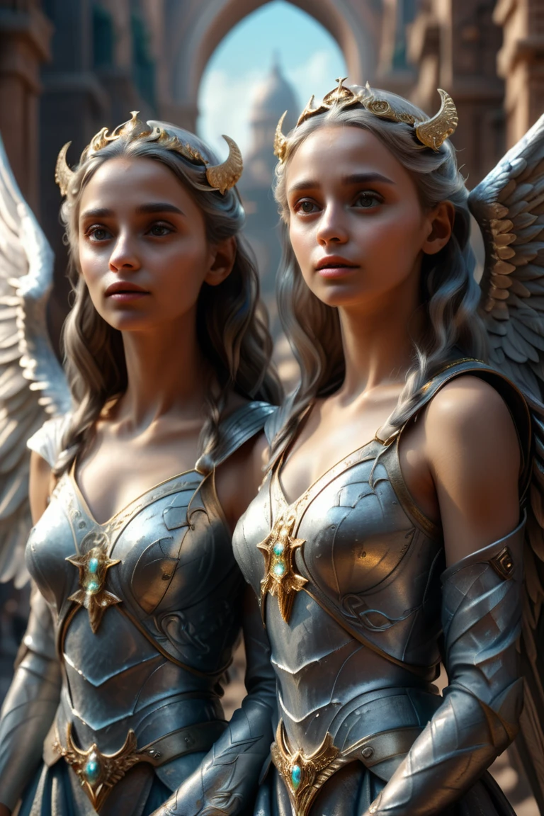 a beautiful detailed portrait of two divine angels sent by god, arriving in the city of sodom and gomorrah, highly detailed, photorealistic, dramatic lighting, epic fantasy, 8k, masterpiece