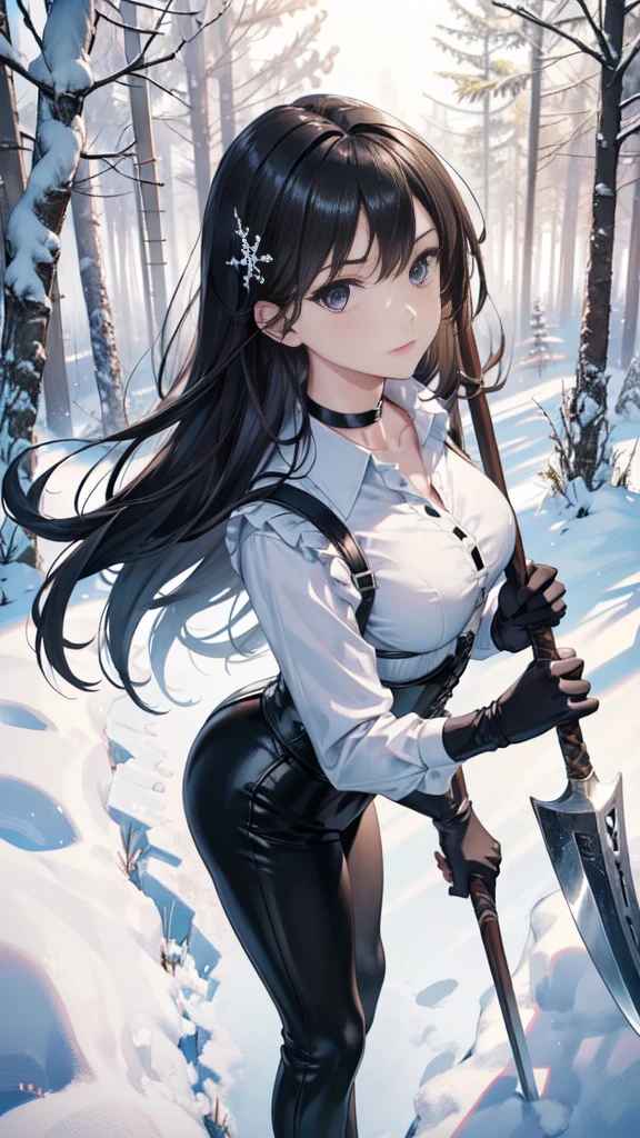 midnight forest view, snowing graveyard, solo, 1 girl, 17yo, very cute, serious, (holding spear in left hand:1.4), (dark brown) hair sideponytail, hair ribbon, micro mini skirt, wearing serafuku, (white) shirt, short sleeve, thighhigh socks, short boots, (busty, huge butt, thick thighs), her footprints in snowground, full body, (best quality, master piece, ultra details, 8k, ultra highres, illustration, best shadow, vivid color, correct anatomy:1.2)