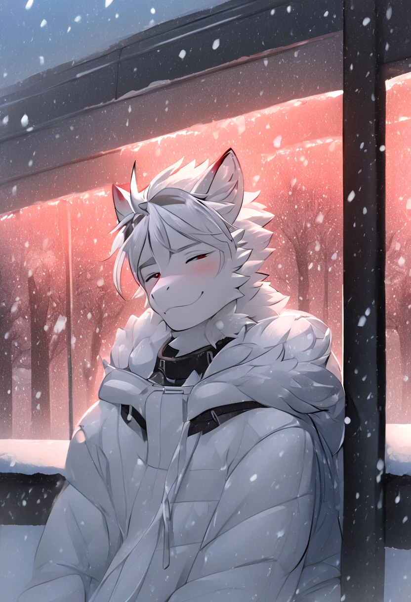 White Dragon Fluffy Red Horned Skinny Femboy Black Winter Suit White All White Cool White Wings White Hair City Places Snowfall Handsome Fairy Wings Handsome Hairstyle Handsome Face Sitting at Bus Stop 4k Picture Cute Handsome Looking Dragon