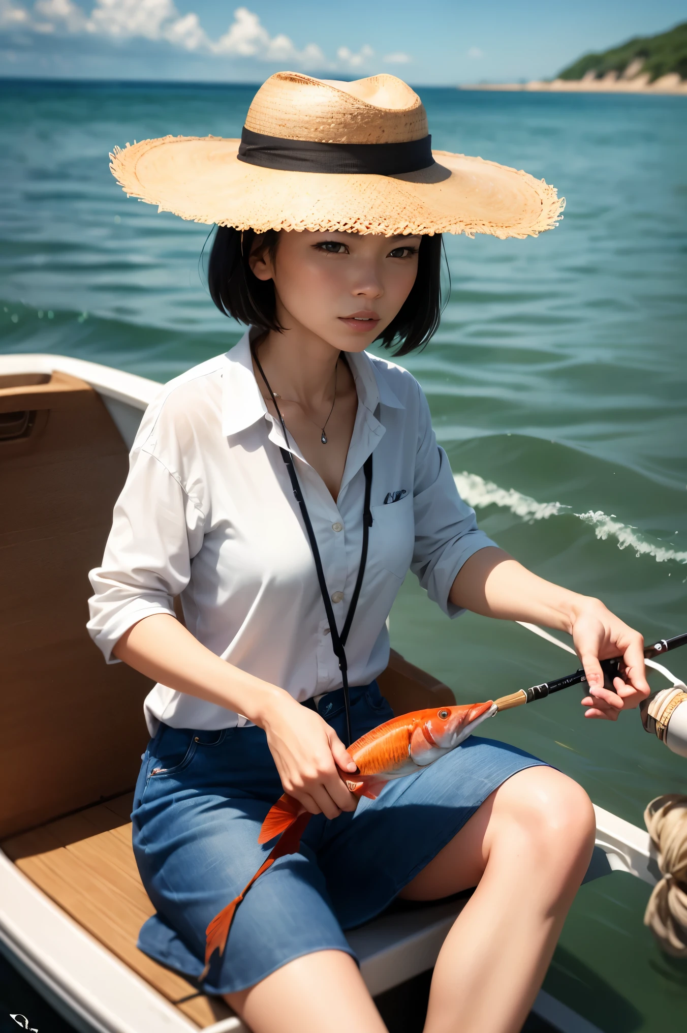 arafed woman weaAlsog a hat and a white shirt On the boat, Paintings by Toko Shinoda, instagram, What is it??, weaAlsog a fisher 🧥, Short hair, Chiho, Wearing a straw hat, On the boat, fishing rod, 🪔 🎨;🌞🌄, Background Fish, Also, On the Sea