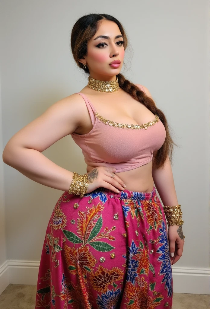 Sideview of thick curvy woman with big booty and thick hips , @ms.sethii, indian, realistic, internet personality, plump naked lips, fair-skin toned, wide hips with thick thighs and thick ass, medium-size breasts, long slightly brown braided hair with golden-brown hair at end of braided, plus-size model with zero belly Ghagra (the flared skirt)
Voluminous ghagra, pleated skirt with detailed embroidery, zari-woven floral jaal, ethnic block print motifs, mirror work and stone-studded embellishments, embroidered hemline, layered fabric for rich volume.
Choli (the blouse),Fitted choli with intricate threadwork, delicately embroidered neckline, sleeveless design with ornate detailing, traditional zari embroidery on cuffs and neckline, lightweight and snug for contouring.