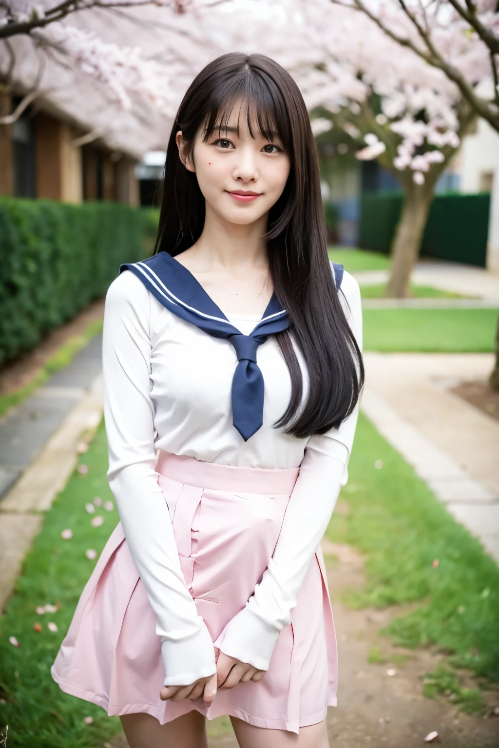  Girls Standing in the School Courtyard Under Windy Cherry Blossom Trees,Flare Skirt Fluttering 、 Long Sleeve White Sailor Collar Long Dress , WHITE T-BACK , holding white socks ,18 years old,bangs, Little Smiles ,Thighs,Knee, hair that flutters like, Low Ponytail with Barrettes ,from below ,Front light, Erection under clothes