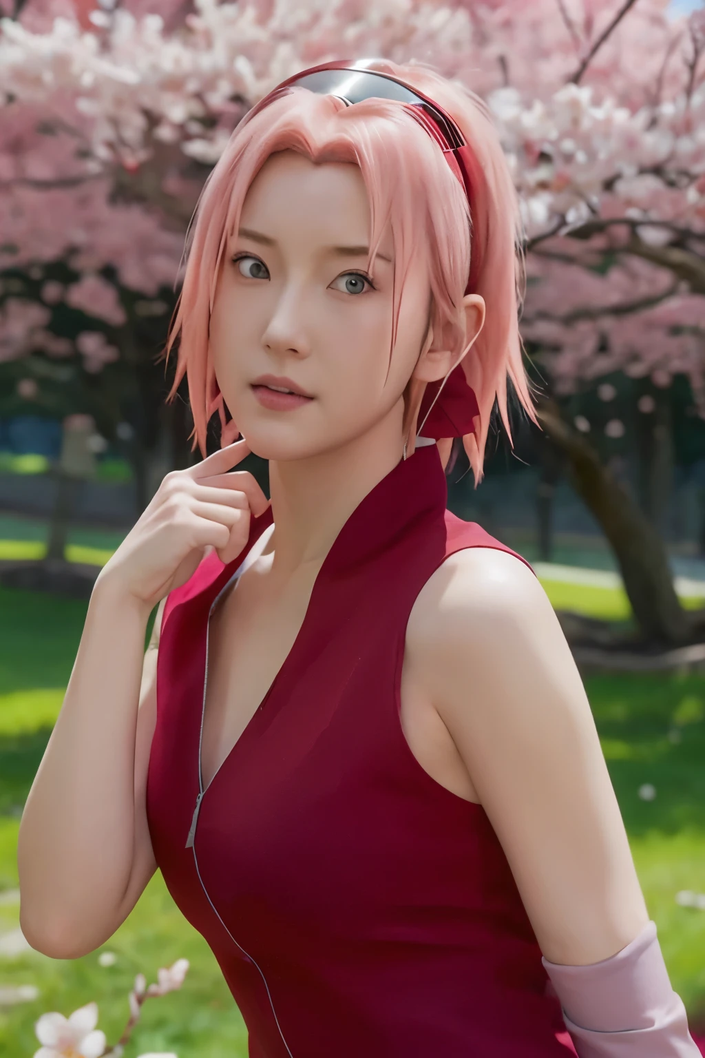 haruno sakura, naruto \(series\), naruto shippuuden, anime art style, masterpiece, red shirt, shirt, short hair, adult , forehead protector, hairband, konohagakure symbol on hairband, 1girl, solo, bangs, Looking at the Audience, closed mouth, elbow sleeve, eyes visible through hair, floating hair, foreshortening, green eyes, hair intakes, parted bangs, pink hair, medium breasts, v-shaped eyebrows, detailed background, outdoor, cherry blossoms, sky, (ultra detailed), (8k, intricate), (85mm), light particles, lighting, full body, (highly detailed:1.2), breast focus, (gradients), sfw, colorful, (detailed background), (rule of third_composition:1.3), (Line of action:1.2), daylight, solo, sexy posing