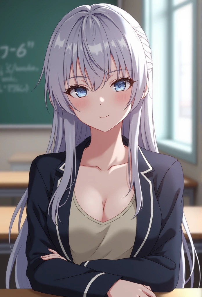 girl, One,  ulybka, Beautiful Body,  perfect body, Beautiful Body,  sitting on a chair in the classroom , Alice,  long hair, blazer, cardigan, linear,  Beautiful eyes, глаза в стиле anime Tooki Bosotto Russia-go de Dereru Tonari no Alya-san,  official art , очень детальные CG unity 8k обои,  perfect lighting , Colorful, (best_quality:1.0), ultra high res,4K,  ultra-detailed, 8 k, HDR,  high resolution , absurdres:1.2,  film noise, blurred background, tank top with tight straps , unbuttoned sweater , Sitting at the table,  arms crossed,  silver hair,  blue eyes 