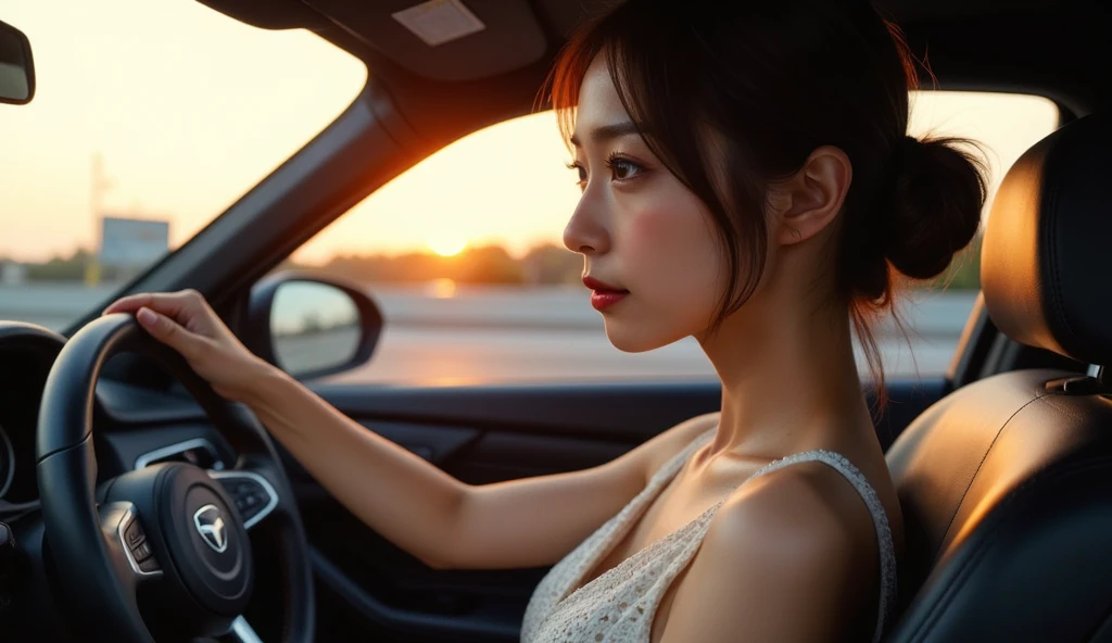 Perfect composition, Proper placement, Golden Ratio, masterpiece, Best Quality, from side:1.331,  A beautiful Japanese woman pilots the car, In the downtown area at night:1.331,  central freeway piloted by a woman , Domestic cars , Sunset, Designer Dresses,  has a small head, Brown Hair,  chignon hair:1.21,  Dynamic Lighting ,  an expression of absolute beauty ,