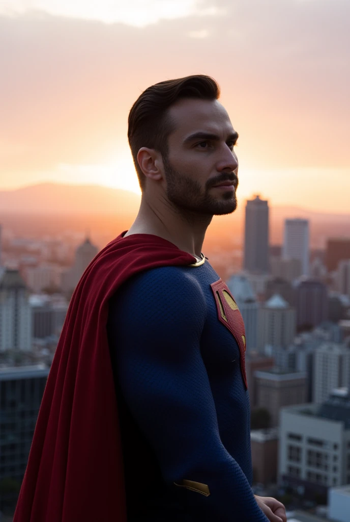 Create a realistic, high-quality photo of a man named Nicholas Alexander Chavez. Nicholas Alexander Chavez is an  athletic man with a strong build, tanned skin, chiseled jaw, strong physique. He has short dark hair and a well-groomed beard. In the photo he is wearing a superman suit. Nicholas Alexander Chavez stands on city rooftop edge, during sunset, the cityscape is visible behind him. The sky is painted in warm shades of pink and orange. The lighting is natural, with warm sunset light, creating long shadows and pleasant contours. Arthur looks confident and relaxed, his gaze is directed into the distance. Photo quality must be high, with crisp details and natural colors.