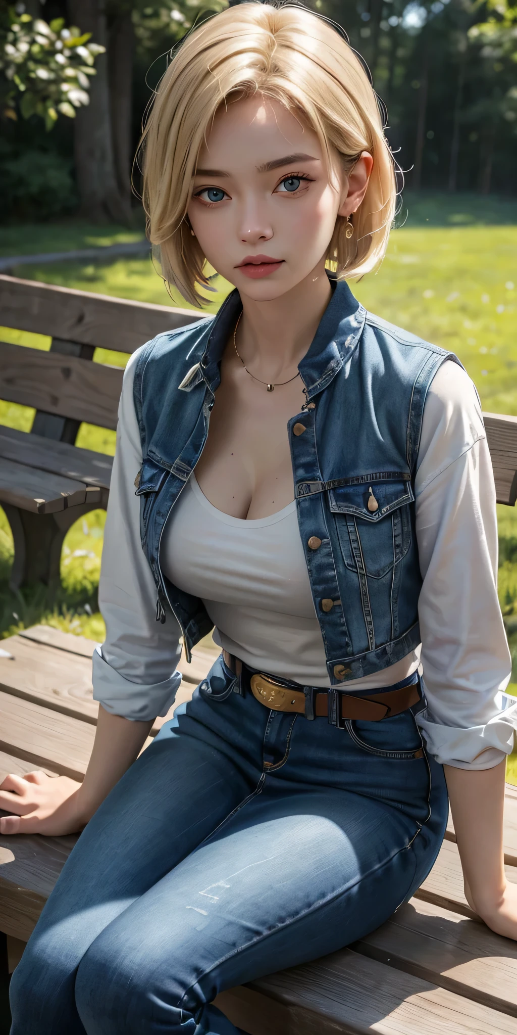 a 20 yo woman, dark theme, soothing tones, muted colors, high contrast, (natural skin texture, hyperrealism, soft light, sharp), Android 18, Light Blonde hair, Medium Bob hair, Blue eyes, Wearing earrings, Tight Long sleeves with black stripes on a white background, Blue denim mini vest, Blue denim mini skirt, The denim skirt's zipper seam line and stitching run vertically straight to the bottom of the skirt, Open-chested denim vest, Black T-shirt with high cleavage, Large breasts, Women's Western Cowboy Belt, Brown see-through pantyhose, Western short boots, Looking at viewer, Her whole body is visible on the screen, Her entire body is visible on the screen, from her head to her boots, On a bench, Slight smiling with closed lips standing next to bench , Blue sky, , outside, park, grass, Summer, trees, blue sky, high quality, masterpiece,