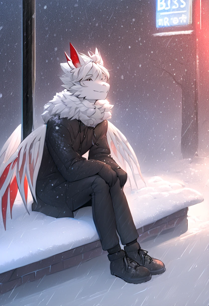 White Dragon Fluffy Red Horned Skinny Femboy Black Winter Suit White All White Cool White Wings White Hair City Places Snowfall Handsome Fairy Wings Handsome Hairstyle Handsome Face Sitting at Bus Stop 4k Picture Cute Handsome Looking Dragon