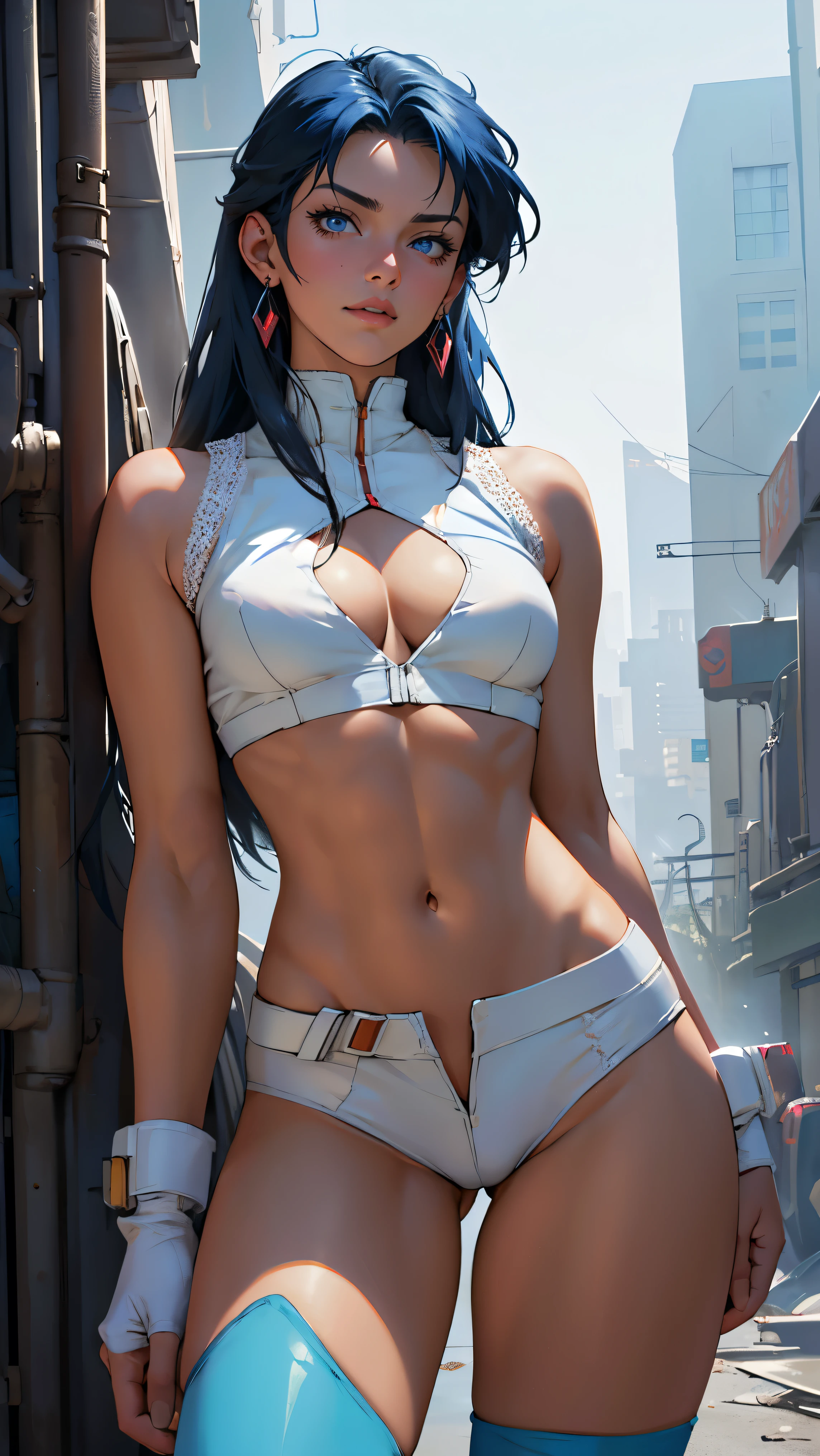 ((Masterpiece, highest quality; 1.3)), super quality, beautiful detail, super detailed, extra fine, 16K, exquisite, absurd, high resolution, beautiful background, detailed background, beautiful eyes, beautiful skin, anime style, dirtypairyuri, Dirty Pair Yuri in a skimpy white outfit, long blue hair, blue eyes, earrings, white uniform, white crop top, cutout, sleeveless, wearing tight clothing, skimpy, (breasts: 1.2), cleavage, cleavage, , obliques, fit arms, slim waist, ((wide hips)), fit thighs, (thigh gap), showing stomach, (skinny frame), wide hips, cyberpunk city background, holding a retro space gun