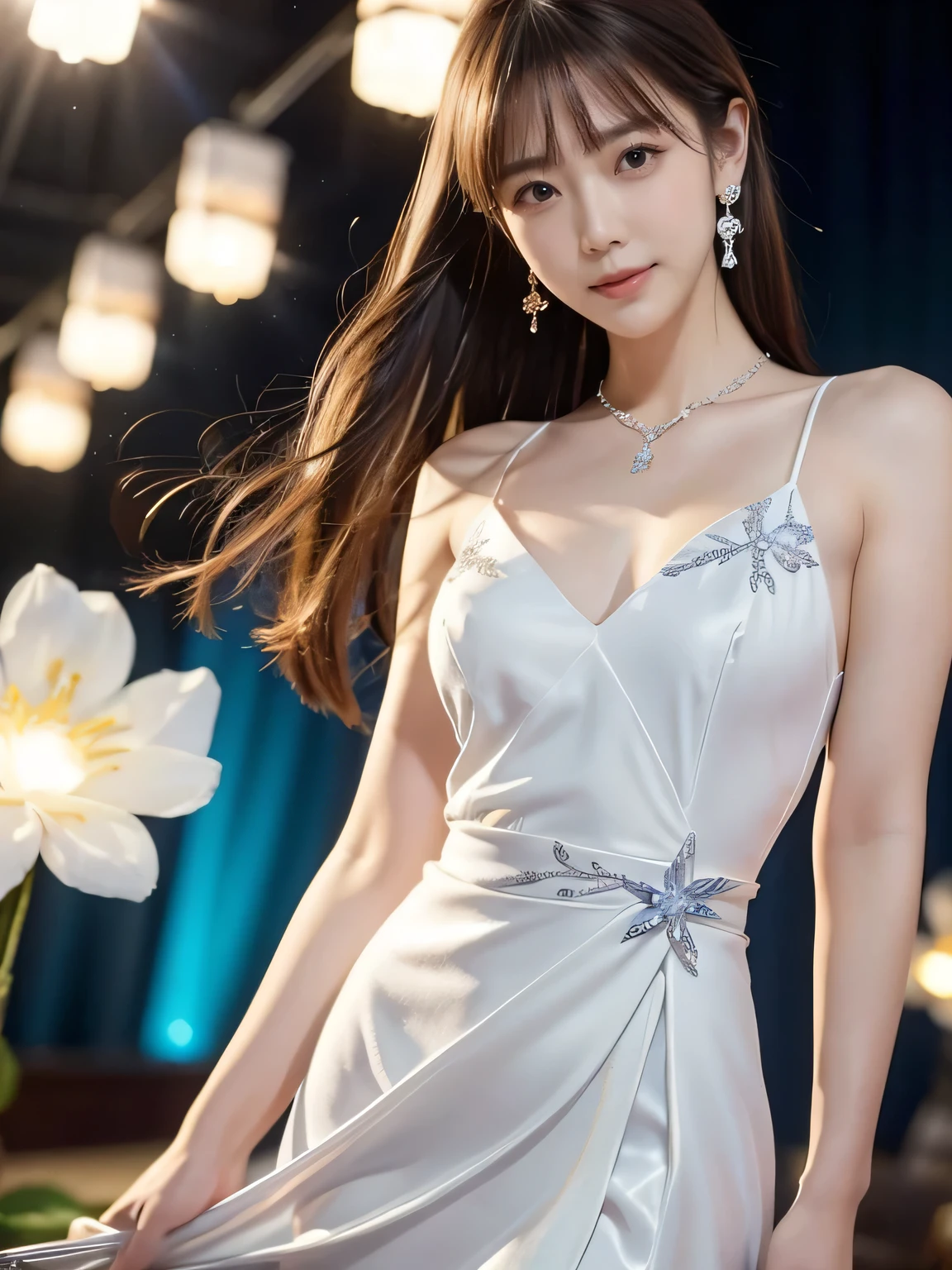 Are thin,Very small cleavage,skirt,masterpiece, Highest quality, figure, Sax Blue, Platinum Earrings, Platinum Necklace, White dress with colorful details,embroidery,Flowers,gem, One girl, cute, (Dynamic Lighting:1.2), Cinema Lighting, Delicate facial features, Fine grain, Sharp pupils, Realistic students, Depth of written boundary, Bokeh, Sharp focus, (Ultra-detailed, bloom, shine:1.4), たくさんの小さなgem