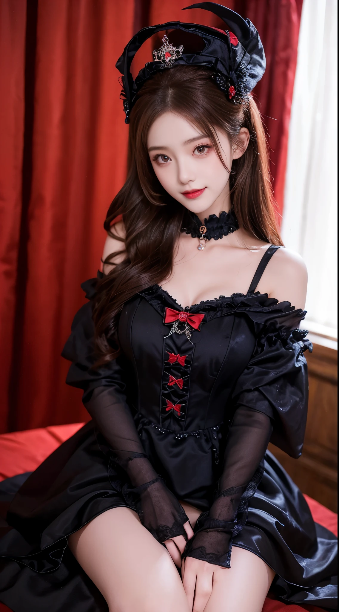dynamic angle, (close up face), vampire princess, Under the moonlight, in a room of an old castle, there is a princess. Her skin is white, her eyes are deep crimson, and her beauty is beyond human. Her dress is made of black and purple velvet, and its hem flows as if tracing the floor. A faint smile is on her lips, but behind that smile, you can feel something not human. It indicates that she is a vampire. However, her appearance makes you feel more cute than scary. Her purity and elegance well hide the fact that she is a vampire.