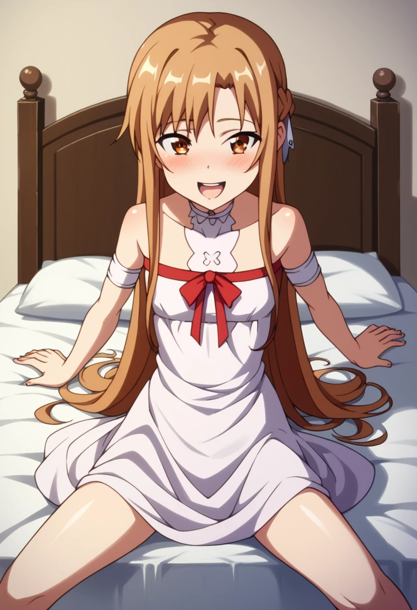 ((Best Quality)), ((masterpiece)), (be familiar with),  perfect face, indoor, bedroom,  watching viewers,
One woman,  Asuna Yuki,
 characters with open mouth ,  ecstatic expression with hands in front of body, blush, smile,
Small breasts,  flat chest, Young girl, Lori,  ,  girl,
 long hair,  long hair,
Leg spread,