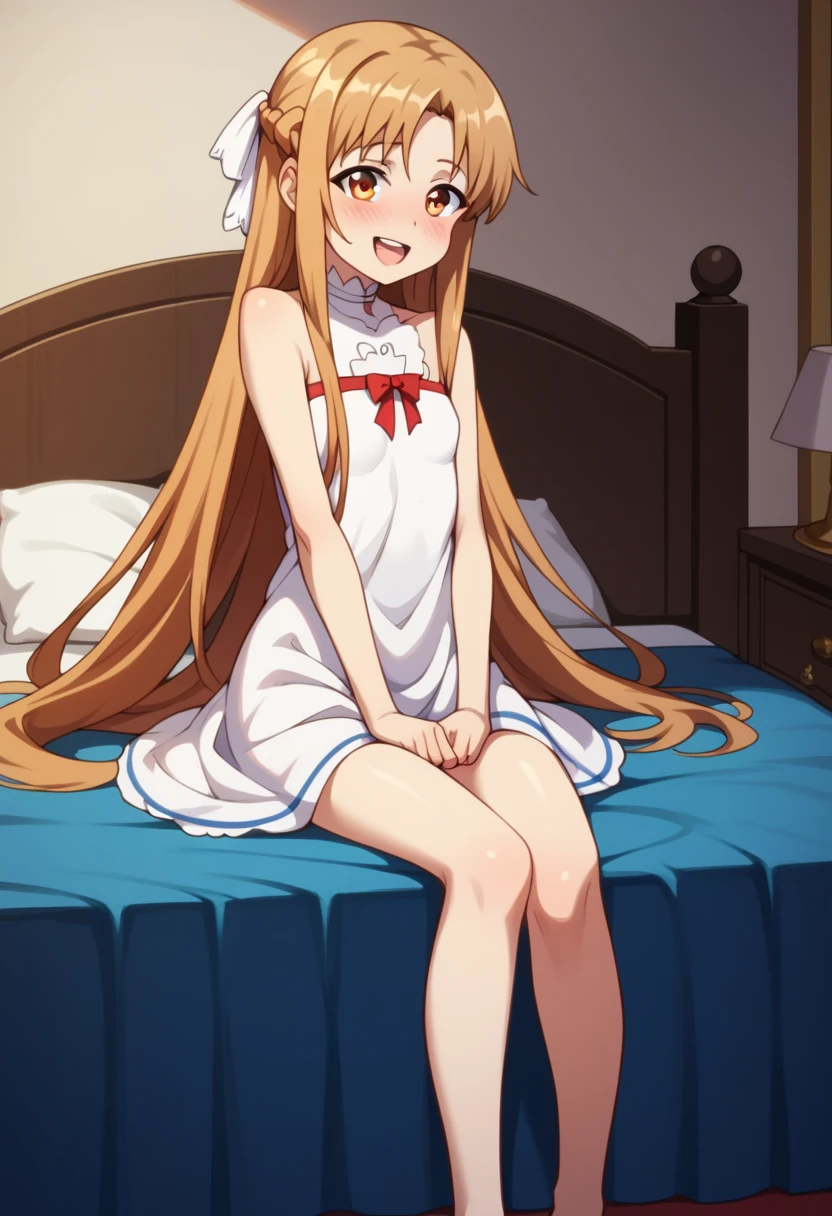 ((Best Quality)), ((masterpiece)), (be familiar with),  perfect face, indoor, bedroom,  watching viewers,
One woman,  Asuna Yuki,
 characters with open mouth ,  ecstatic expression with hands in front of body, blush, smile,
Small breasts,  flat chest, Young girl, Lori,  kids,  girl,
 long hair,  long hair,
Leg spread,