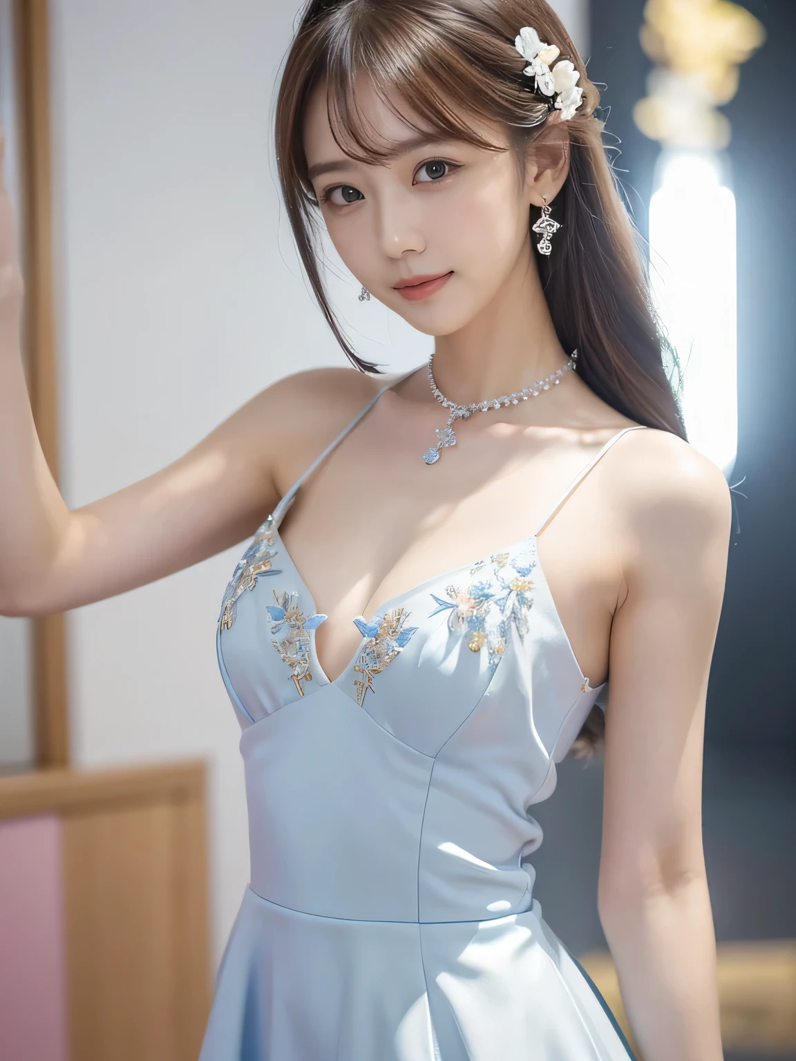 Are thin,Very small cleavage,skirt,masterpiece, Highest quality, figure, Sax Blue, Platinum Earrings, Platinum Necklace, White dress with colorful details,embroidery,Flowers,gem, One girl, cute, (Dynamic Lighting:1.2), Cinema Lighting, Delicate facial features, Fine grain, Sharp pupils, Realistic students, Depth of written boundary, Bokeh, Sharp focus, (Ultra-detailed, bloom, shine:1.4), たくさんの小さなgem