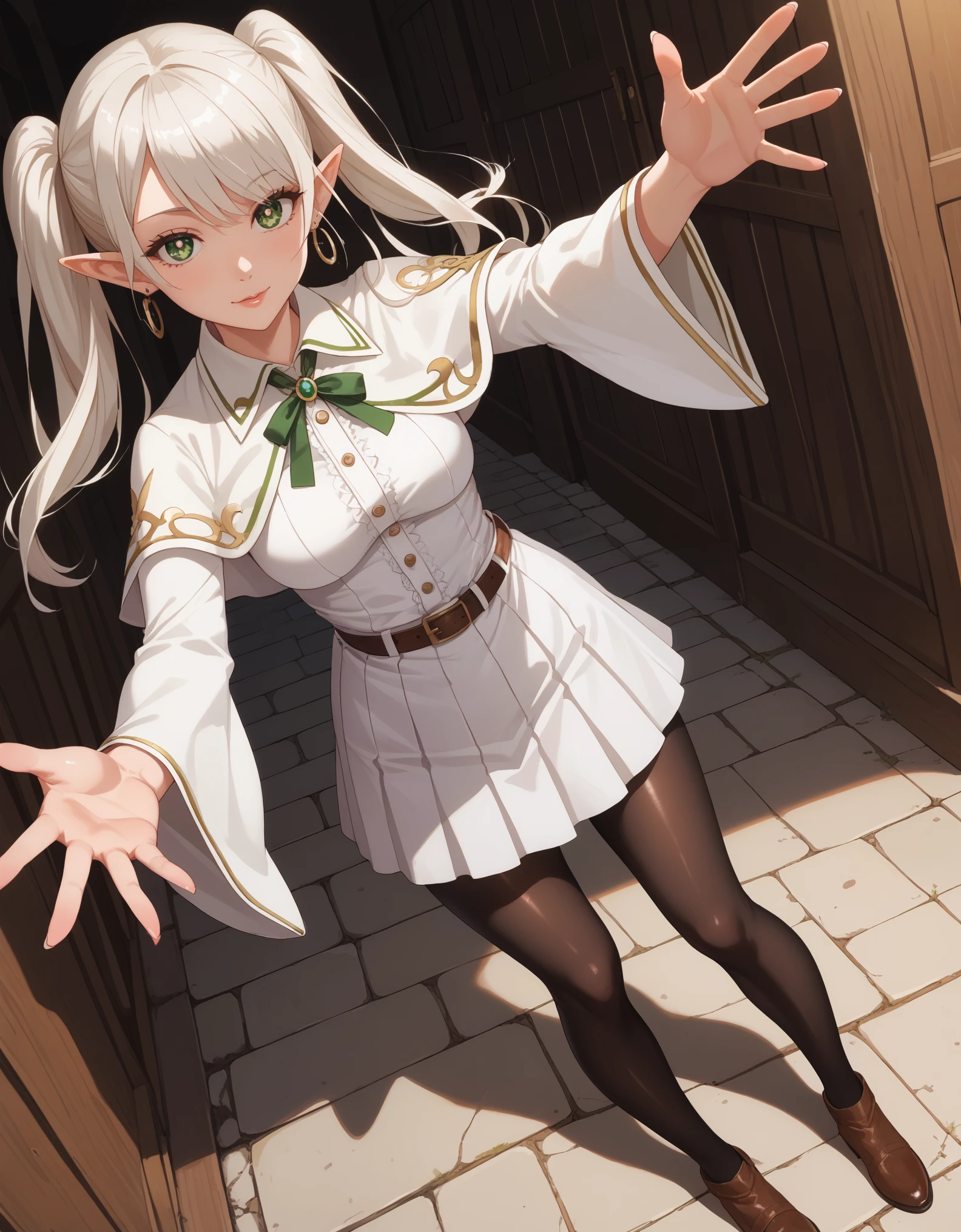 (fisheye:1.2), perspective, distorted_angle, lense, reaching, reaching towards viewer, standing, bent_over, facing viewer, frieren, elf, pointy ears, long hair, twintails, white hair, sidelocks, white pupils, eyelashes, green eyes, earrings, collared white capelet, black shirt, white shirt, belt buckle, brown belt, white skirt, long sleeves, wide sleeves, black pantyhose, brown footwear, shiny skin, shiny clothes, saturated, hyper-detailed, amazing, beautiful, clear, sharp focus, cleaned,
BREAK,masterpiece, best quality,score_7_up,score_8_up,score_9, score_5_up,score_6_up, 