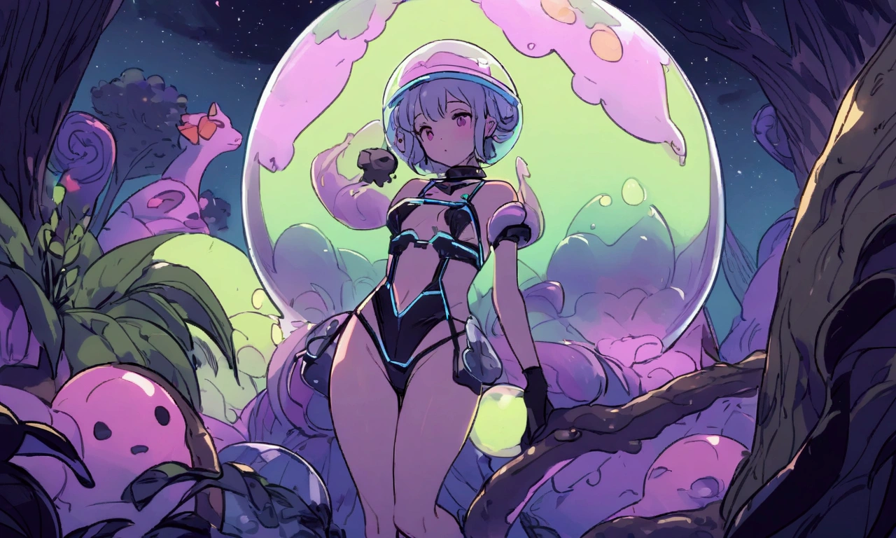 A cute woman (jet boots, jet pack, space adventurer bikini, laser pistol, future hairdo), is exploring an alien world covered in mushrooms and tiny goblin like creaures