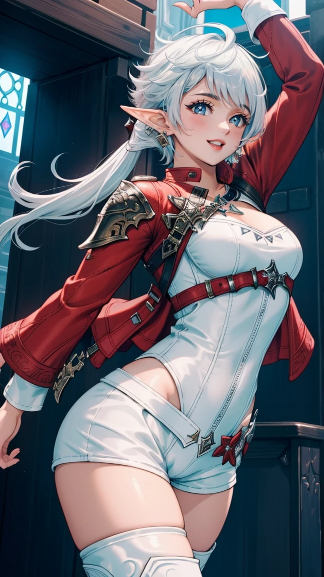 (masterpiece:1.2, best quality), (intricate details), alisaie, (alisaie leveilleur (final fantasy)), 1girl, elf ears, red jacket, thigh boots, white shorts, fit female, realism, Detailed, intricate, sharp focus, Ultra-detailed, detailed pupils, puffy lips, skindentation, (intricate detail), (Soft Lighting), Charming smile, white hair, low ponytail, medium breasts, nice hips, thighs,