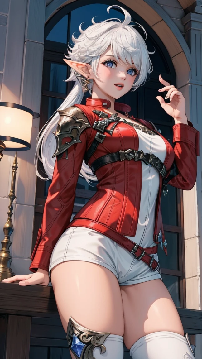 (masterpiece:1.2, best quality), (intricate details), alisaie, (alisaie leveilleur (final fantasy)), 1girl, elf ears, red jacket, thigh boots, white shorts, fit female, realism, Detailed, intricate, sharp focus, Ultra-detailed, detailed pupils, puffy lips, skindentation, (intricate detail), (Soft Lighting), Charming smile, white hair, low ponytail, medium breasts, nice hips, thighs,