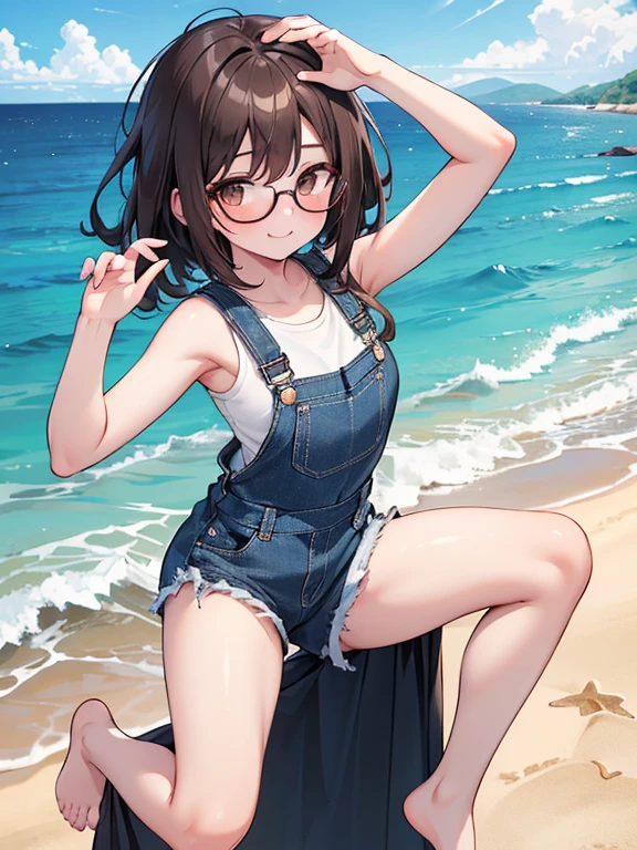 1 female、Brown hair、Brown eyes、Black frame glasses、seductive 、beautiful faces、perfect body。whole body, Best Quality、ultra detailed、8K resolution、photo and grosesa。running on the beach。barefoot, nightgown、denim shorts overalls。, a smile。