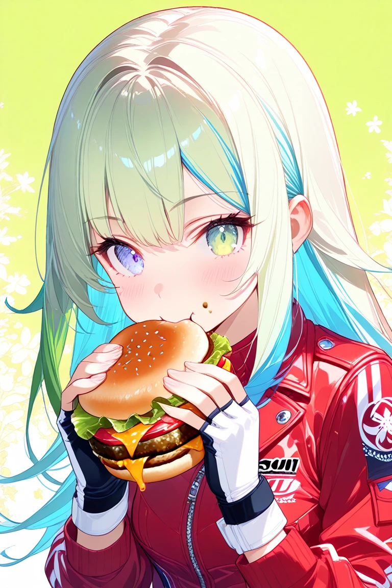 masterpiece,best quality, top quality,high detailed artwork,(aesthetic:1.3),4K UHD,character focus,1girl,solo,long hair,split hair color, two tone hair, blue hair, green hair,eating burger, holding burger, red jacket,fingerless gloves,black and white gloves