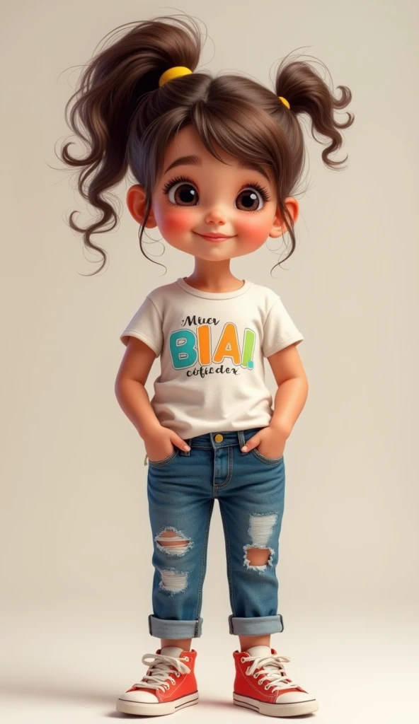 A six-year-old girl - smiling, with jeans and a pink shirt, curly hair, in the background with Easter decorations.