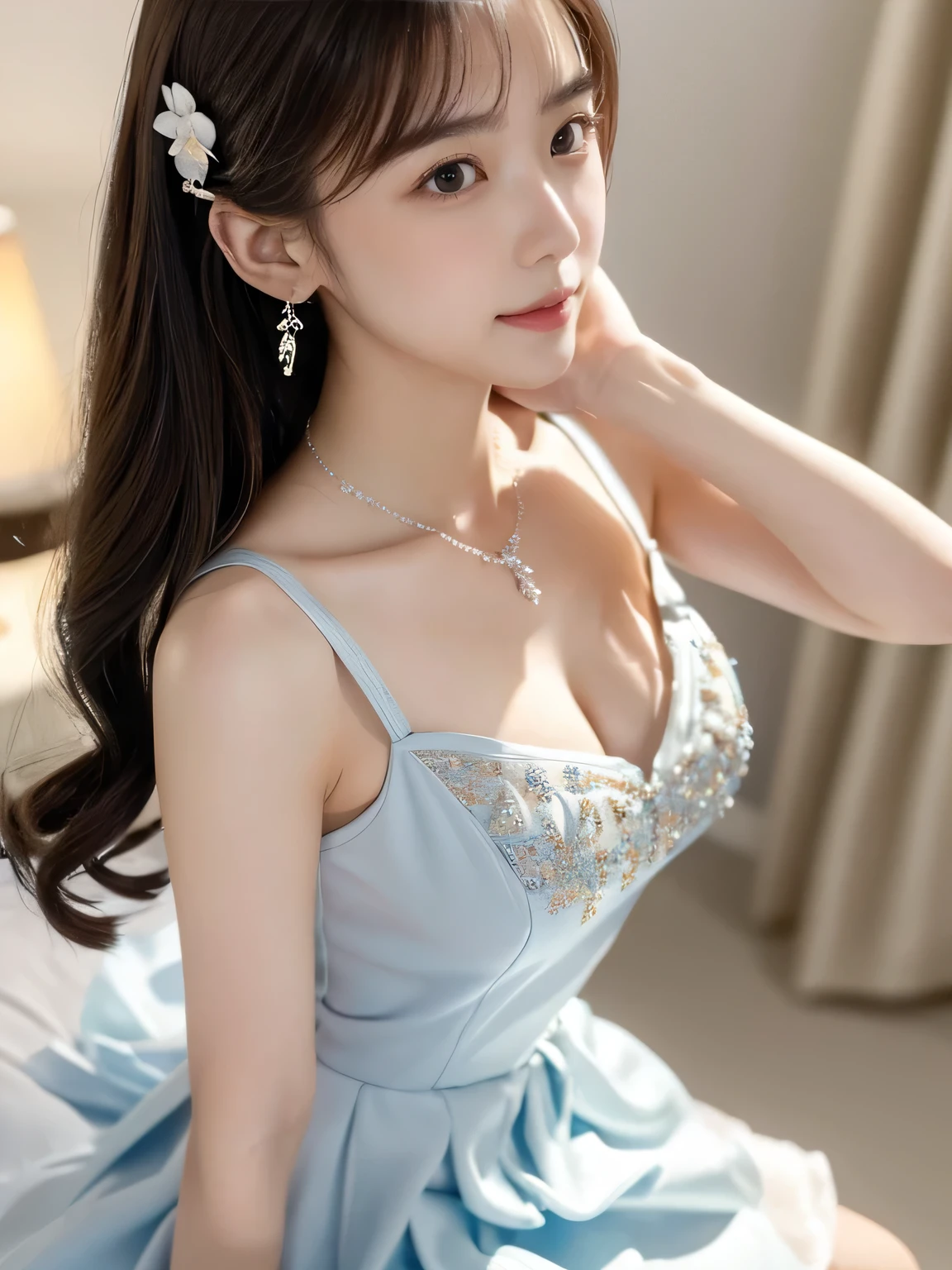 Are thin,Very small cleavage,skirt,masterpiece, Highest quality, figure, Sax Blue, Platinum Earrings, Platinum Necklace, White dress with colorful details,embroidery,Flowers,gem, One girl, cute, (Dynamic Lighting:1.2), Cinema Lighting, Delicate facial features, Fine grain, Sharp pupils, Realistic students, Depth of written boundary, Bokeh, Sharp focus, (Ultra-detailed, bloom, shine:1.4), たくさんの小さなgem