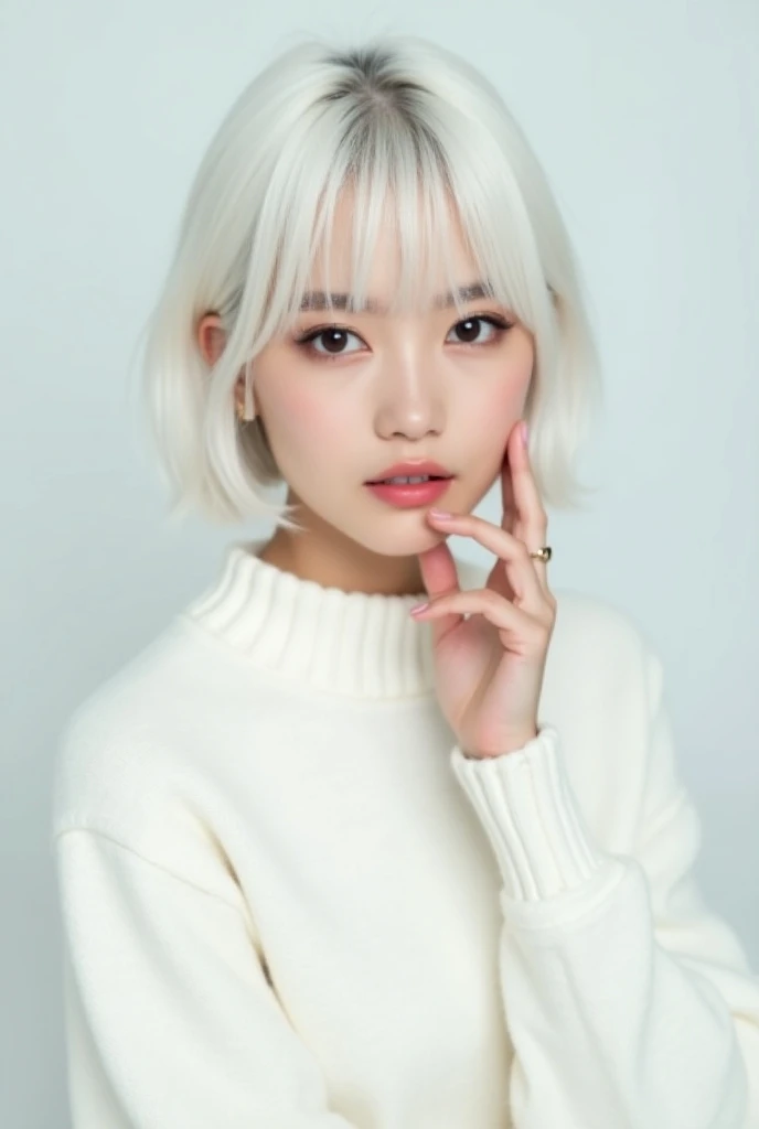 perfect anatomy、one girl、１８talent、An ennui look、((smile:0.1))、small nose、plump lips、detailed eyes、super detailed face、silver hair、short bob、messy hair、very fine skin、white skin、small breasts、small breasts、(highest quality:1.0), (超A high resolution:1.0) ,(realistic:1), (Super detailed:1.0), (8K RAW Photos:1.1),