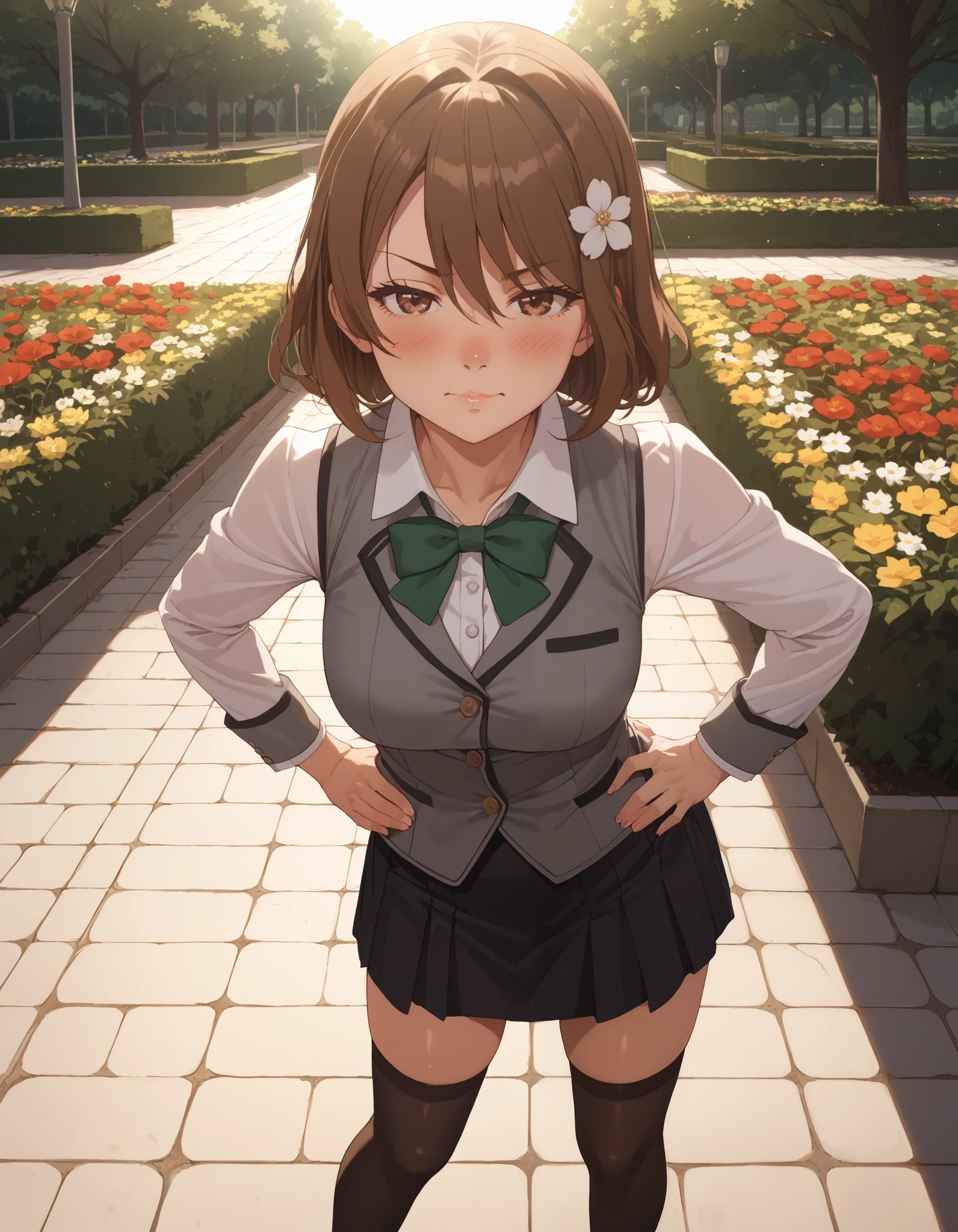 score_9, score_8_up, score_7_up, score_6_up, source_anime, 1girl, solo, park, flowers, light rays, close-up, nose blush, half-closed eyes, looking at viewer, hands on own hips, upset, pout, puffed cheeks, maria, medium hair, brown hair,  hair between eyes, hair ornament, brown eyes, grey jacket, open jacket, long sleeves, green bow, white shirt, collared shirt, black vest, buttons, black dress, black thighhighs, black loafers