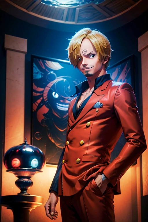 masterpiece,  best quality ,  highres icon, absurdres, 4K, anime character, sanji,  one piece graphic style, man, Sanji eyebrows ,  fringe on the left side , Detailed face, red suit, event room ,  dark blue room , smiling, aquarium, television, sofas 