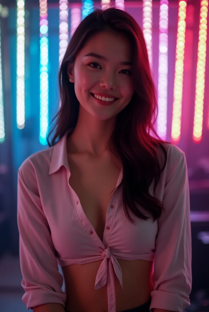 "Create an image of an 18-year-old Asian woman engaged in marketing, with a cute face and a smile. The image should be full-body, with a slightly revealing outfit, showcasing a youthful appearance."