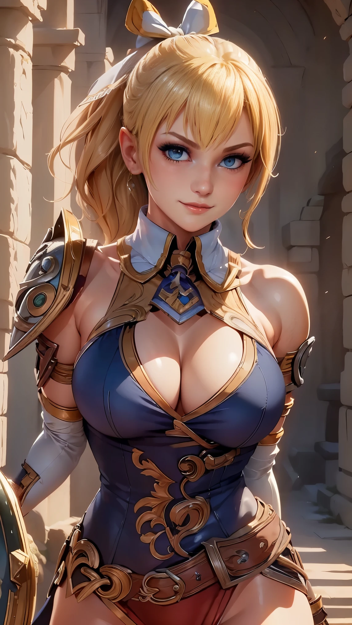 Cassandra Alexander da Soulcalibur,(best quality, 4K,8k,high resolution,work of art:1.2)(weather: sunrise), greek city background, greek temple, wide hips, short curly hair, ponytail hair, blonde hair, hair ribbon, freckles, long coat, micro shorts, belt, thigh high boots, necktie, elbow long gloves, shoulder armor, light makeup, dark eyeshadow, blush, sexy pose, glowing eyes, ultra detailed,portrait,realistic,beautiful detailed green eyes, beautiful detailed lips,extremely detailed eye and face, long eyelashes,average, large breasts,beaming smile, sexy smile, powerful girl, bright coloured, dramatic lighting,