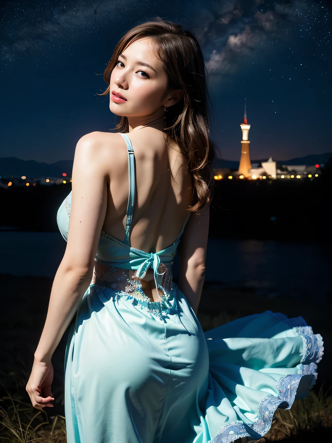 (8K、Raw photography、top-quality、masterpiece:1.2)、(realisitic、Photorealsitic:1.37)、ultra-detailliert、超A high resolution、Pioapple、((1 girl in))、beatiful detailed eyes、floting hair、bangss、Skin Texture、narrow waists、Slim waist、(Curve:0.4)、an legs、电影灯光、Professional Lighting、Thin face、(((Tiffany Blue Lace See-Through Sexy Lingerie)))、Stick your ass out、looking back from shoulder、put hands on the hip、areolae slip、camel's toe、(the shape of the bumps on the is clearly visible)、(Pubic hair and areola showing through)、((small tits、tiny chest))、(Semi-long wave layered hair)、A smile、((Large windows with a night view of the Bay Bridge、natta、Mass fireworks display、Fireworks reflected in the window))、((Boston type cell frame glasses))、erotick、A sexy、female dog、Bite line of butt crack、Triangular gaps at the groin、Dark pubic hair with eyes、red blush、cleavage of the breast、(((Correct human structure、Do not cross your arms)))