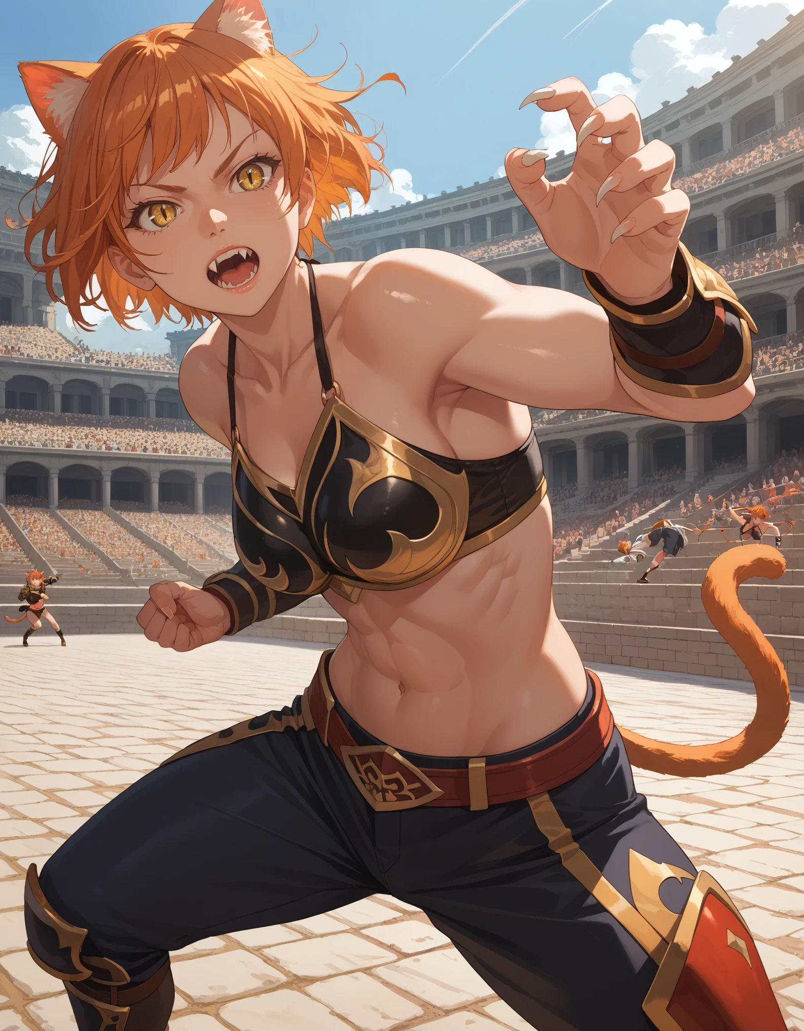 score_9, score_8_up, score_7_up, source_anime, 1girl, cat girl, cat ears, perfect hands, orange hair, yellow eyes, slit pupils, short hair, dynamic pose, fighting stance, bikini armor, claws, fangs, tail, outdoors, standing