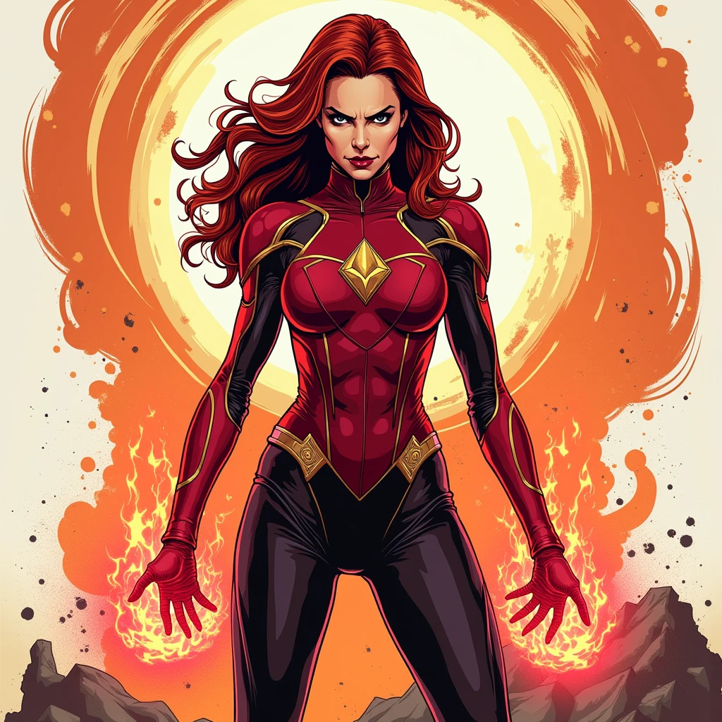 (((A comical style, cartoon artwork))). view from behind. Scarlet Witch is out in the open, floating in mid - air, surrounded by dense forest. She is wearing her signature red outfit and is floating in mid - air, with arms extended to the sides. in her hands, she holds a glowing red ball of energy, (((hot body, athletic body, sexly, camel fingers))), russet hair, Agry Cara, hot girl, that seems to be pulsing with power. No fundo, we can see the sun setting on the horizon, leaving the sky orange and pink. The forest around you seems peaceful, but there is a feeling of tension in the air, like something is about to happen.