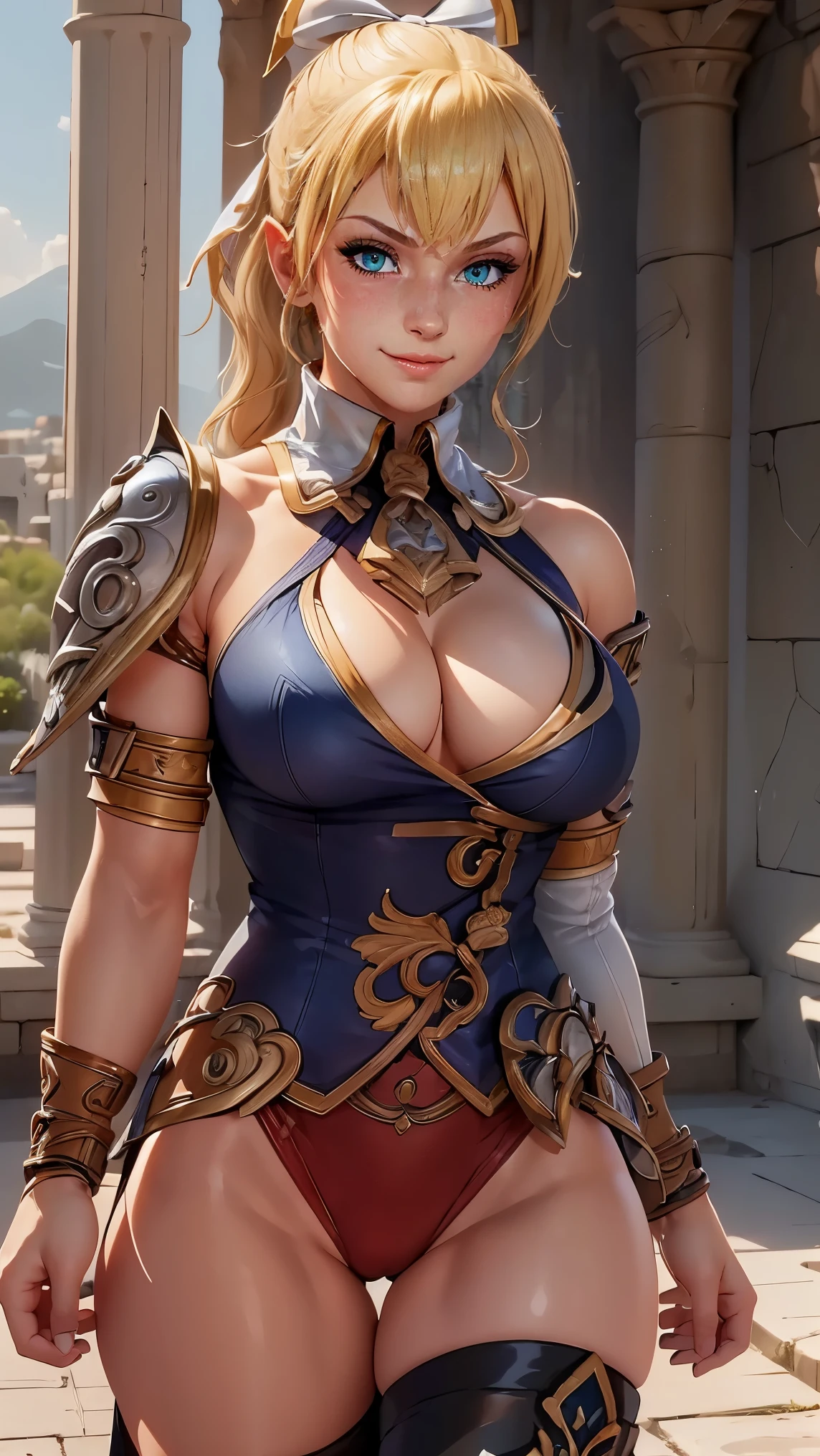 Cassandra Alexander da Soulcalibur,(best quality, 4K,8k,high resolution,work of art:1.2)(weather: sunrise), greek city background, greek temple, wide hips, short curly hair, ponytail hair, blonde hair, hair ribbon, freckles, long coat, micro shorts, belt, thigh high boots, necktie, elbow long gloves, shoulder armor, light makeup, dark eyeshadow, blush, sexy pose, glowing eyes, ultra detailed,portrait,realistic,beautiful detailed green eyes, beautiful detailed lips,extremely detailed eye and face, long eyelashes,average, large breasts,beaming smile, sexy smile, powerful girl, bright coloured, dramatic lighting,