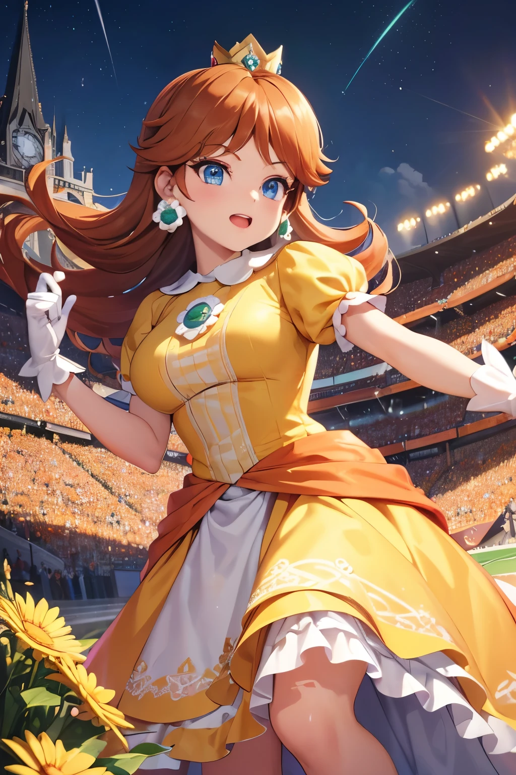 (8k, raw photo, masterpiece, extremely detailed, best quality, professional lighting, high res), BREAK beautiful and adorable girl, princess daisy, blue eyes, long hair, orange hair, crown, daisy, dress, flower, gem, gloves, orange dress, puffy short sleeves, puffy sleeves, short sleeves, white gloves, energetic, lora:daisy1-000015:1