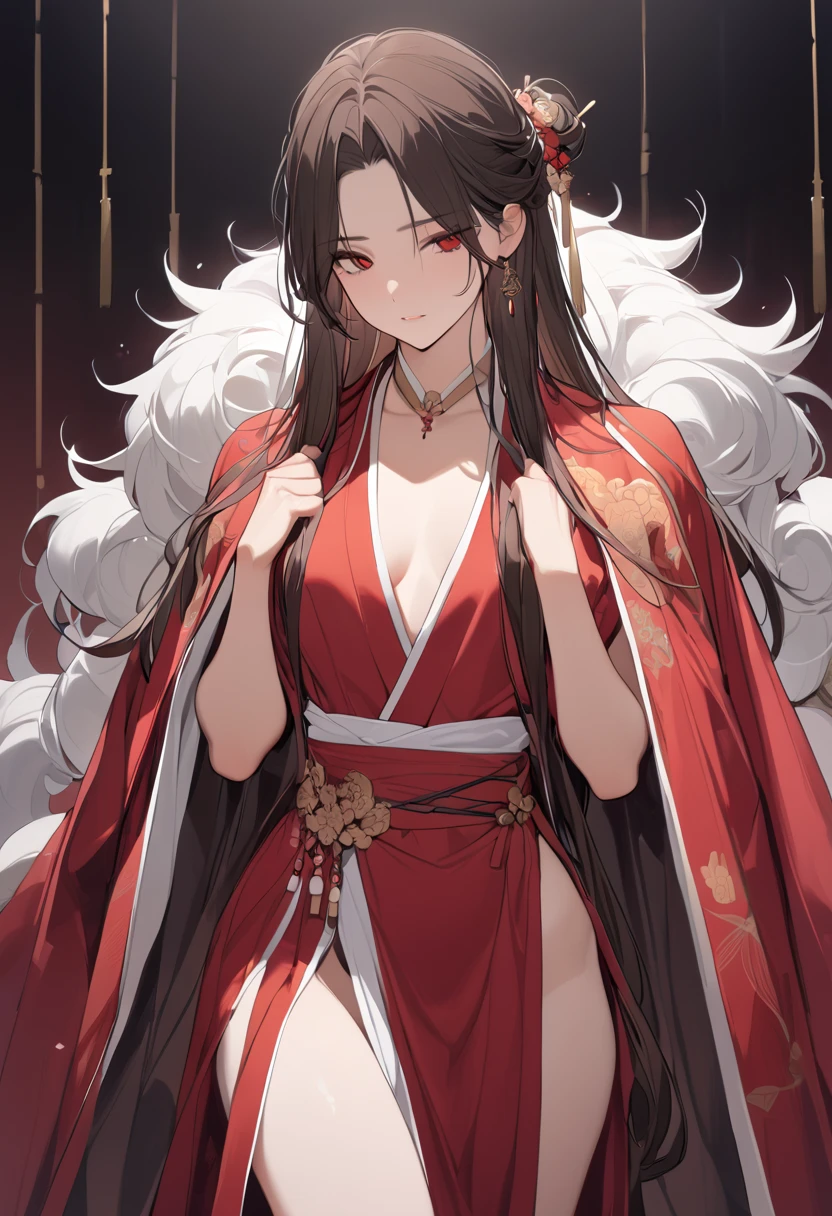 masterpiece, best quality, Detailed Eyes, 1 man, handsome man, tall, fit, brown hair, long hair, red eyes, half updo, messy hair, Oriental, Red Hanfu , court style costume, Gorgeous decorations,  wearing a red coat over her shoulders, cowboy shot, artist:fashionable , very small head, very small face, provocative gaze ,  shining eyes ,  hair above eyes,  pale skin, manhood,  waist-length hair , flushing , male