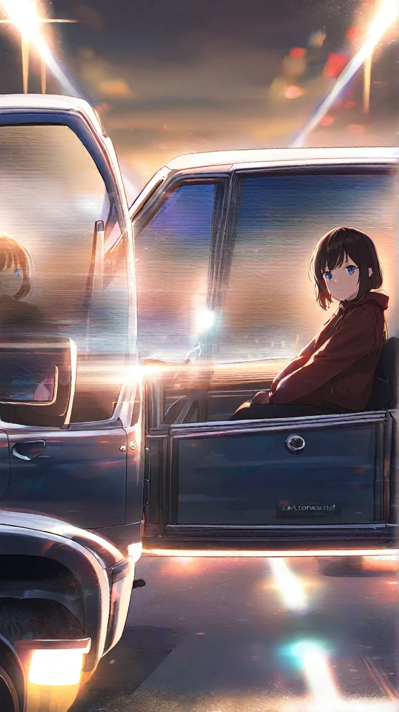 1 , Optical illusion, Bright light, Cinematic, a girl sitting on the hood of a pickup truck