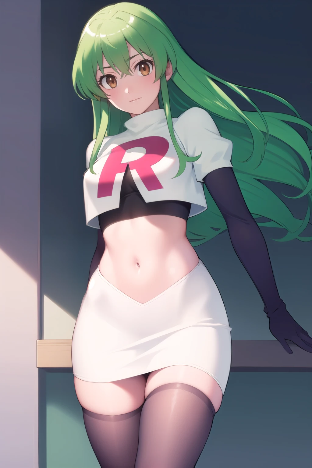 c.c., expressionlesasterpiece, best quality, ultra-detailed, best shadow, volumetric lighting), (beautiful detailed face, beautiful detailed eyes), (best illumination),
orange eyes, very long hair, team rocket,team rocket uniform,white skirt,red letter R,crop top,black thigh-highs,black elbow gloves
(cowboy shot:1.3),
mksks style, beautiful background, professional lighting, landscape with warm Colors,