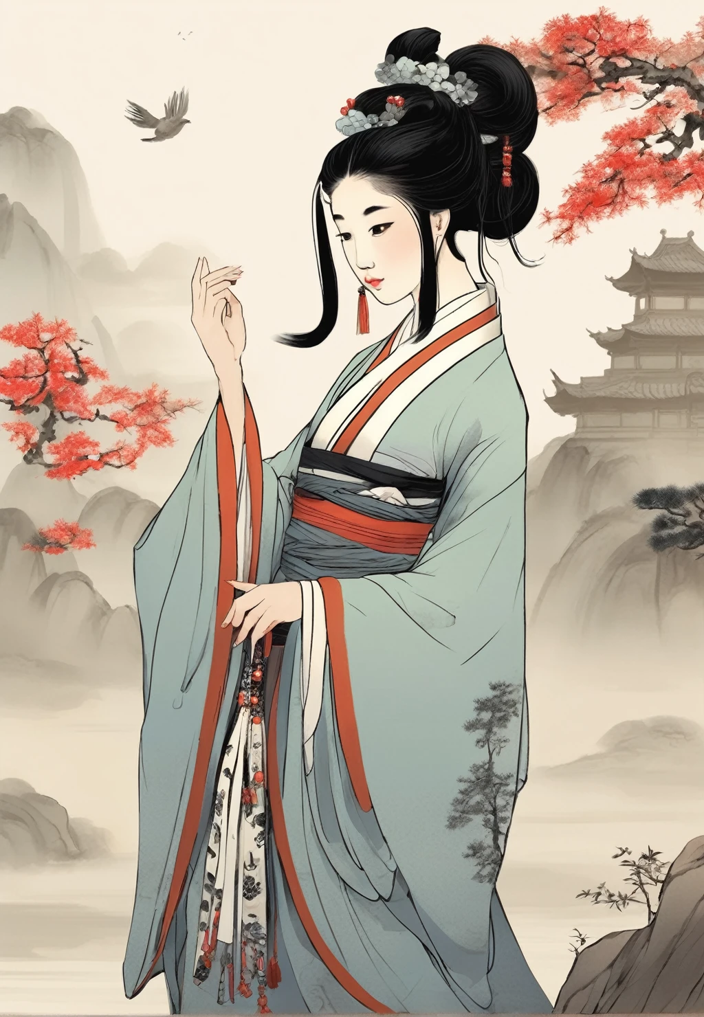 skirt, Lonely,Ancient,Chinese, girl, Tang and Song era figures , beautiful posture, refined clothing , calm expression,richness of culture,Timeless Appeal, black hair, hair accessory ,woman in Chinese Painting,woman&#39;Illustration， butterfly ,Legs,breast cleavage,huge sagging breasts,areolas,nipples,plump stomach,open clothes,